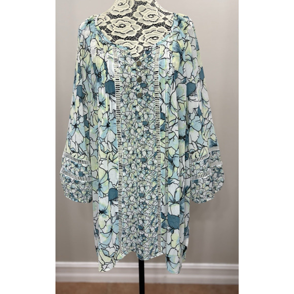 Catherines Tops - Catherines Top Women 1X Blue White Floral Short Sleeve Popover Lightweight Sheer